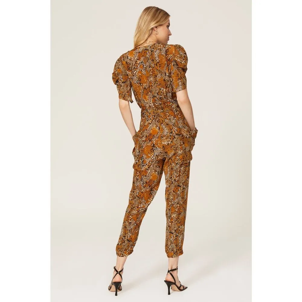 Gilner Farrar Jade Viper Snakeskin Print Puff Sleeve Jumpsuit Size XL Brown - Image 3