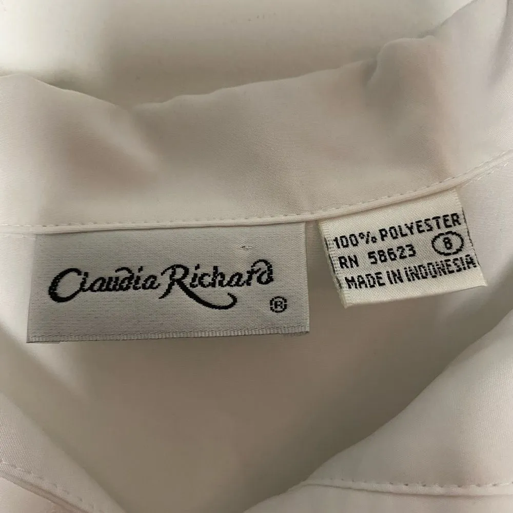 Claudia Richard White Button Down Blouse with Embroidered Front | Size 8 - Image 3