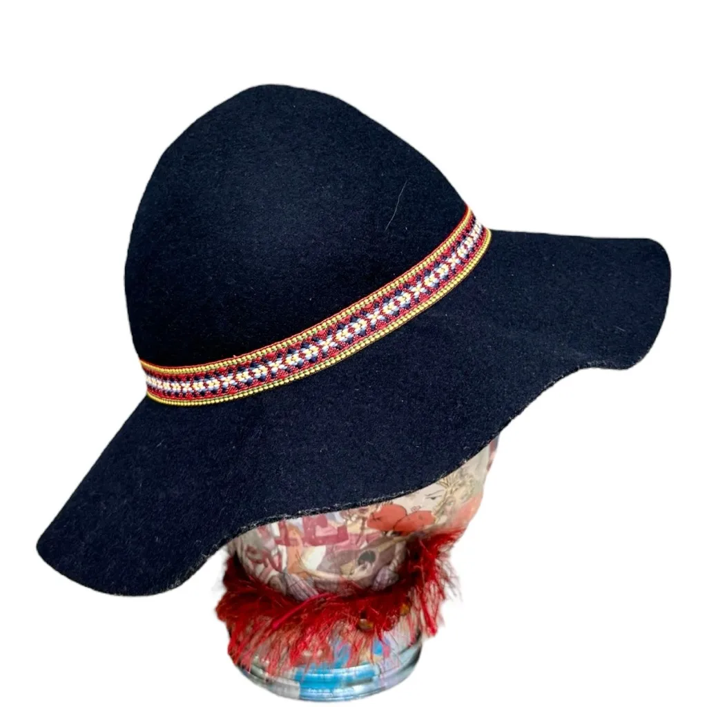 World Market Black Boho Wool Floppy Hat – 22.5” with Multicolor Woven Band EUC - Image 3