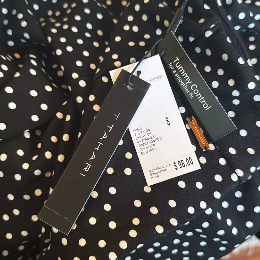 T TAHARI Midi Pencil Skirt Size S Black White Polka Dot Slit Leg Tummy Control - Image 7