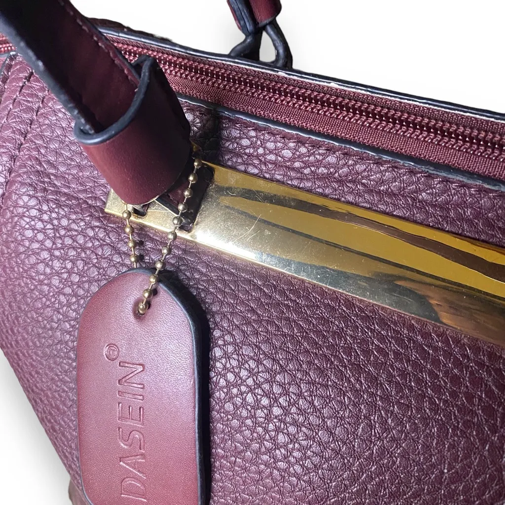 PRETTY Faux Pebble Grain Leather Maroon Crossbody Tote Satchel Purse - Image 6