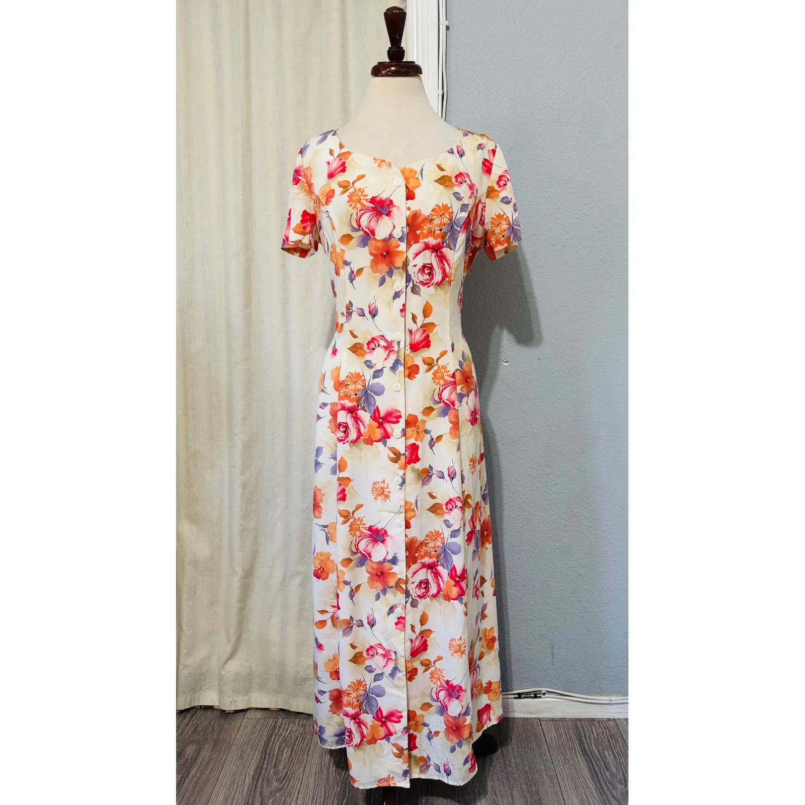 Vintage 90s Renzo Armoni Floral Button Front Maxi Unlined Dress Women Size 12 White - Image 3