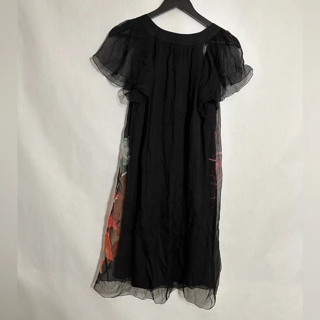 Max Studio Black Babydoll Floral Silk-Blend Flutter Sleeve Dress Size Large - Image 2
