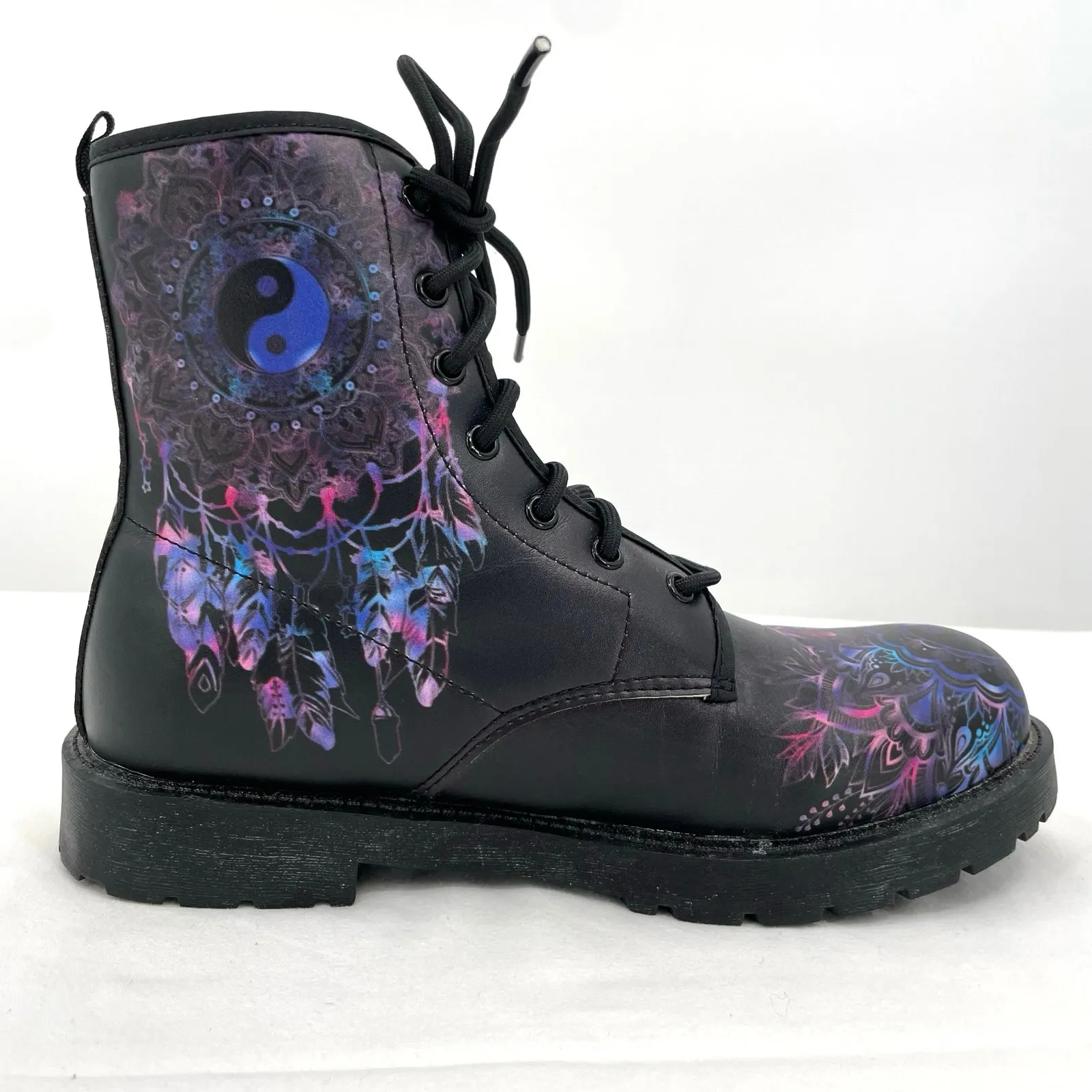 Yin Yang Dreamcatcher Combat Boots Black Blue Faux Leather Festival EU 38 | US 7 - Image 3