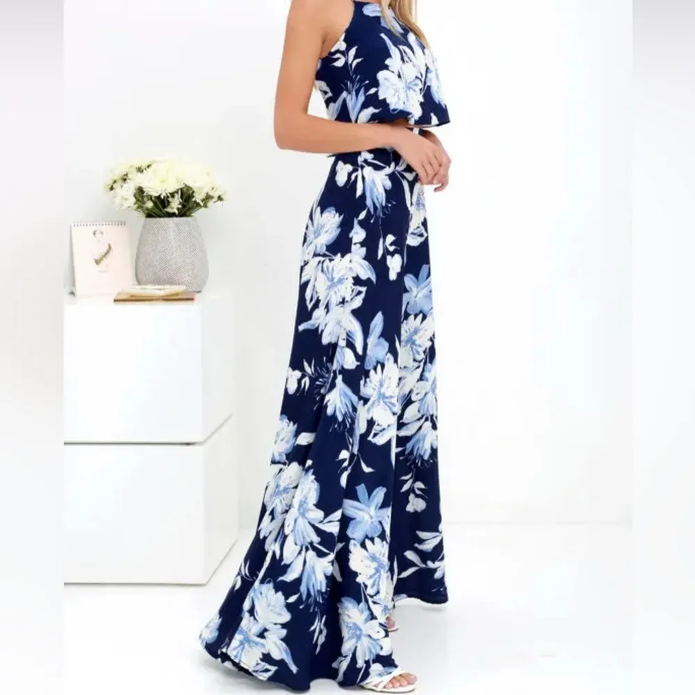 Lulus Love for Lanai Navy Blue & White Floral Print Two Piece Maxi Dress Sz L Size L - Image 2