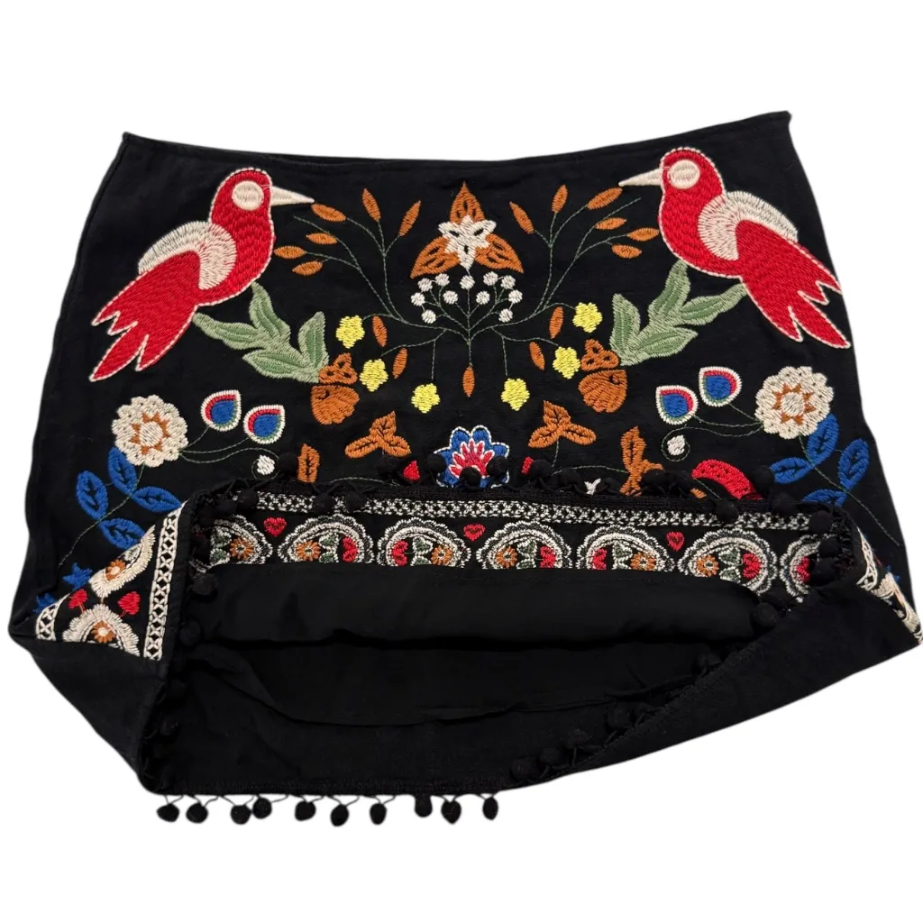 Umgee Colorful Embroidered Black Pom Pom‎ Skirt Sz M - Image 3