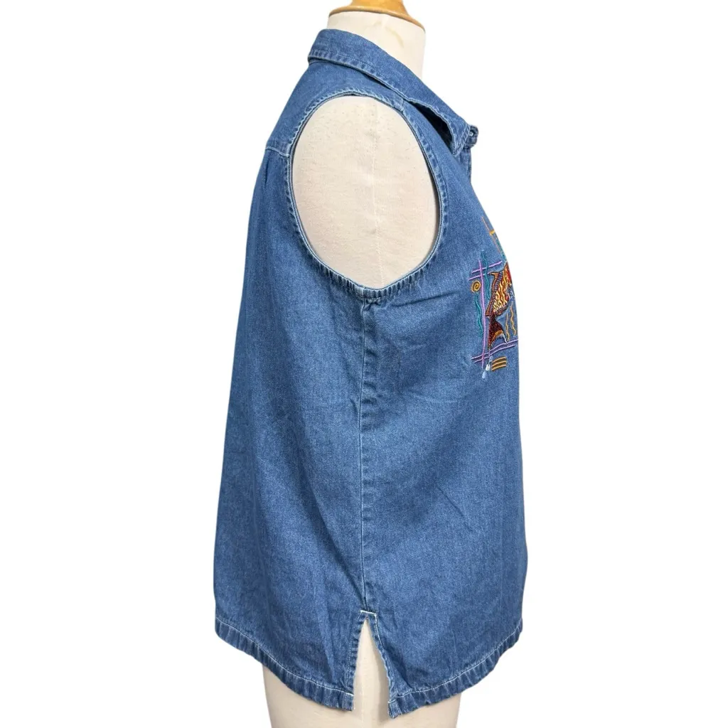 Vintage 90s Cabin Creek Sleeveless Denim Button Up Shirt Embroidered Fish - Image 4