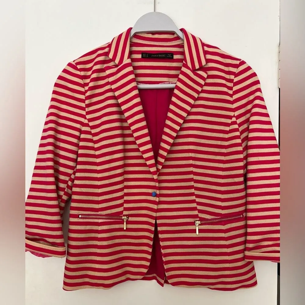 Zara Basic Single Button Striped Blazer Pink & Tan Size: Small - Image 2