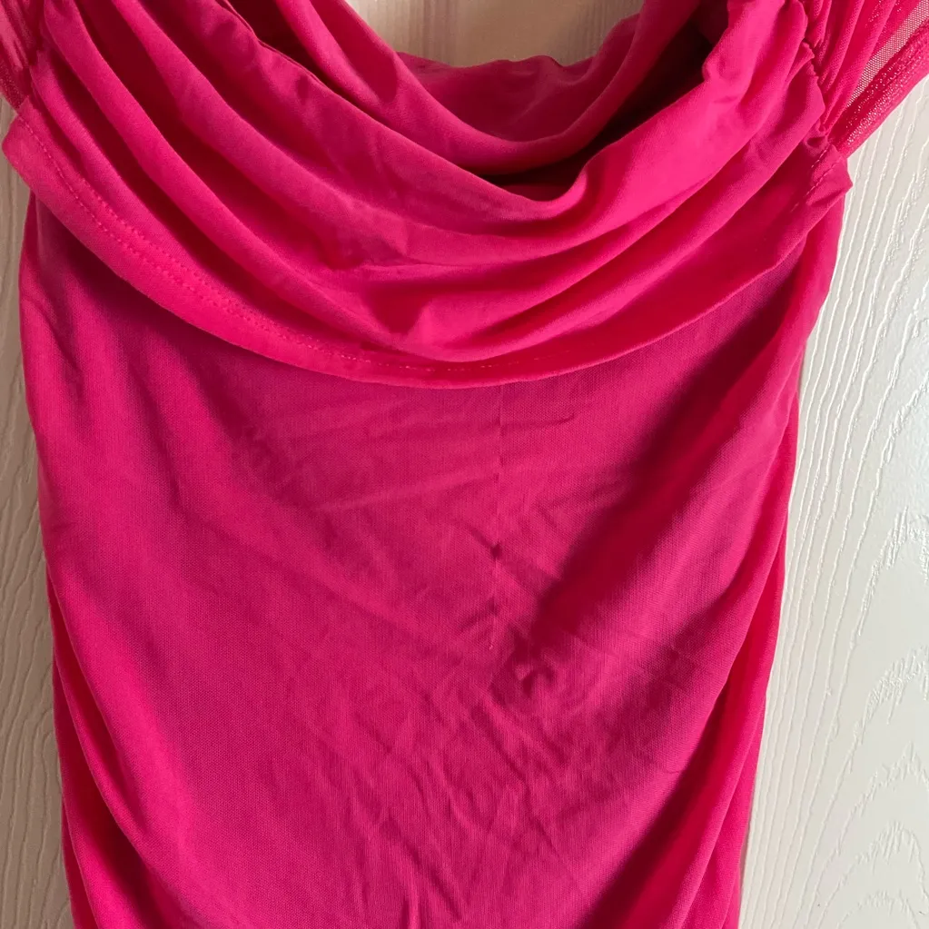 Women's Off The Shoulder Dresses Ruched Fitted Midi Bodycon Dress size large Pink - Image 9