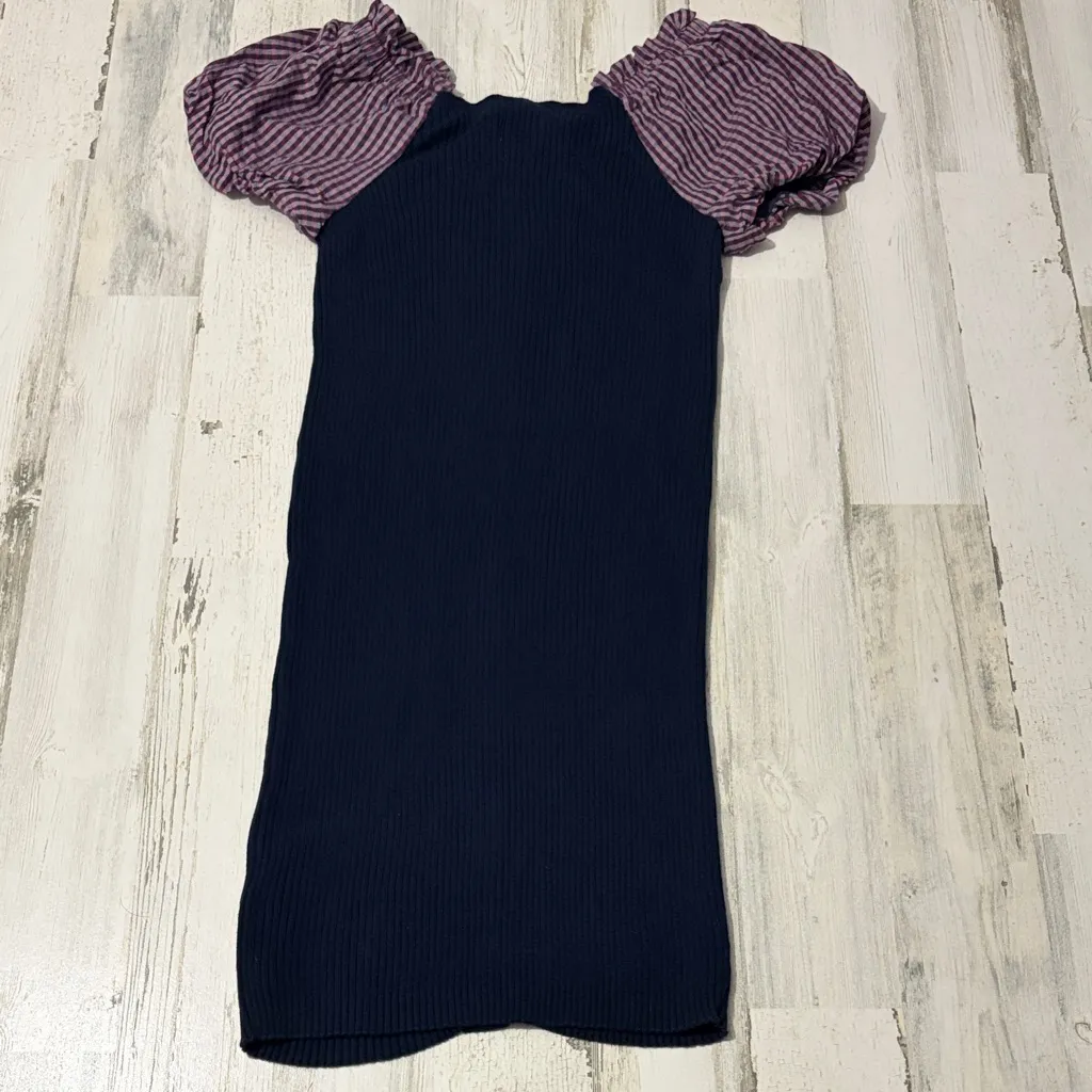Maeve Navy Ribbed Knit Puff Gingham Mini Dress Size Medium - Image 8