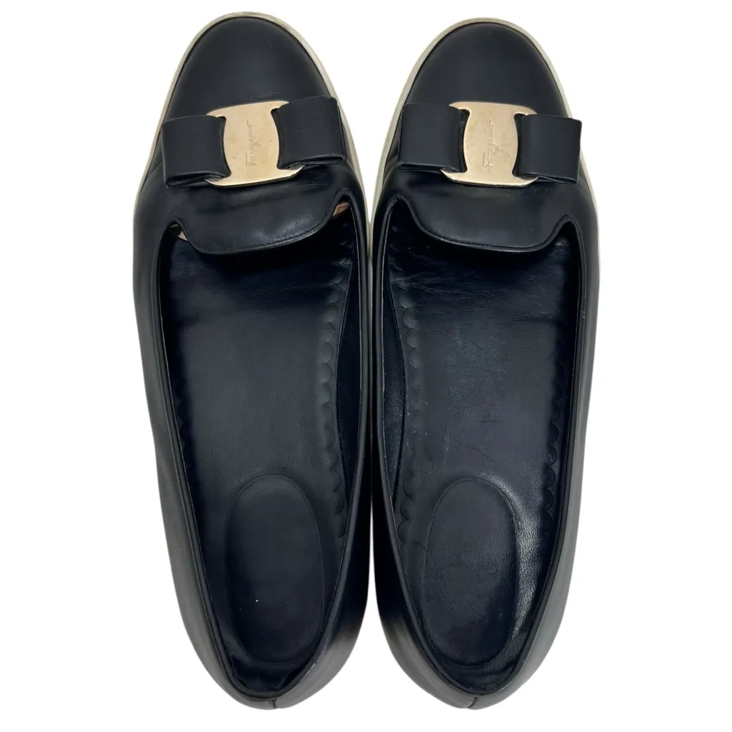 Salvatore Ferragamo Novello Nero Calf Black Leather Flats Sneaker Gold Bow 9.5 - Image 12