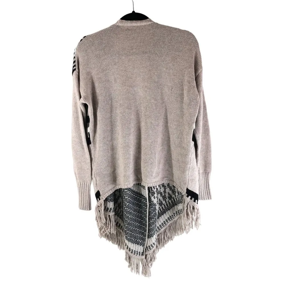 American Eagle Womens Sweater Asymmetric Southwest Fringe Beige Black White S - Image 2