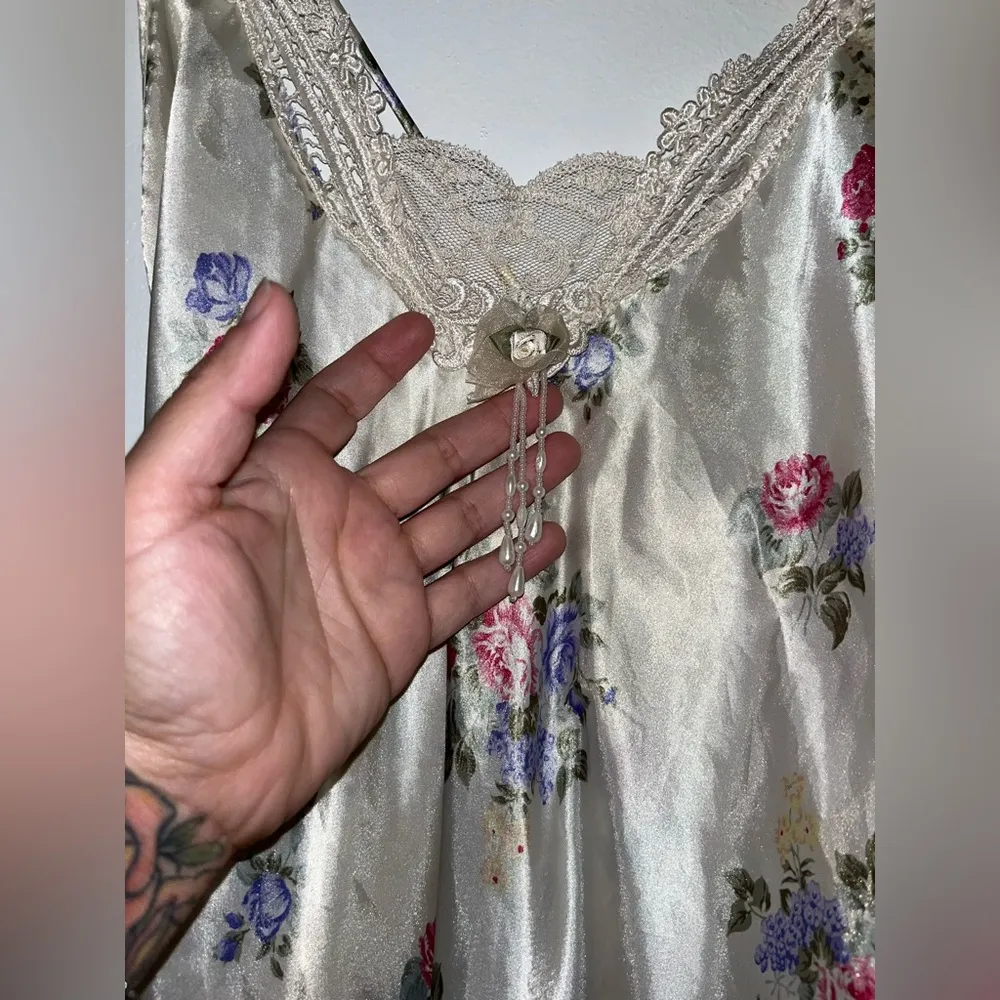 Vintage Floral Satin Slip Nightgown Lingerie Cottagecore pearl dangle midi dress Size XS - Image 6