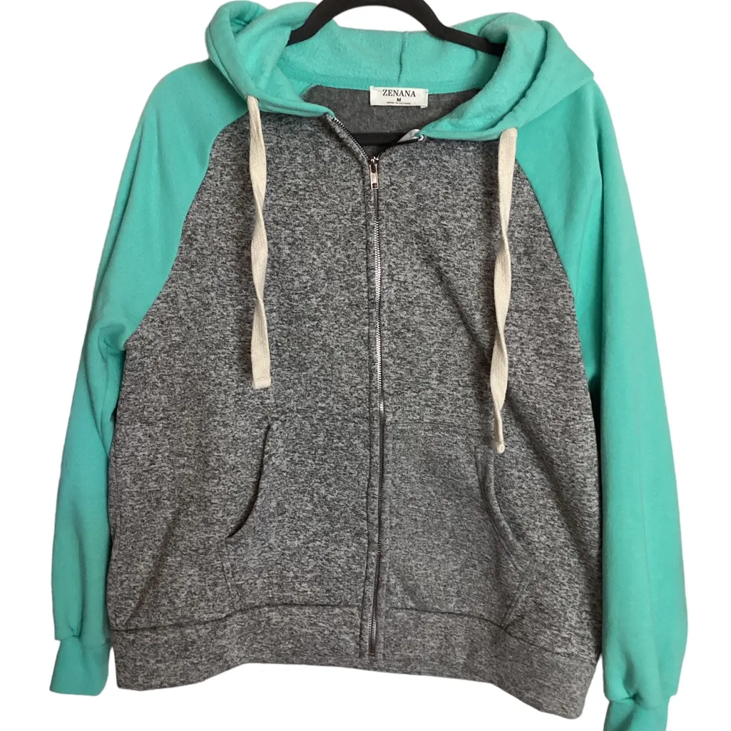 ZENANA zip up hoodie. Gray/turquoise. Size Medium - Image 4