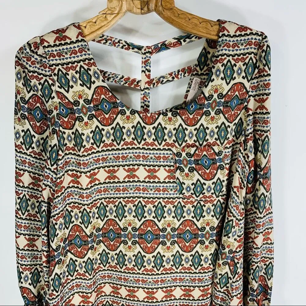 Aztec Open Back Shift Dress Tan Rust Sz Small - Image 7