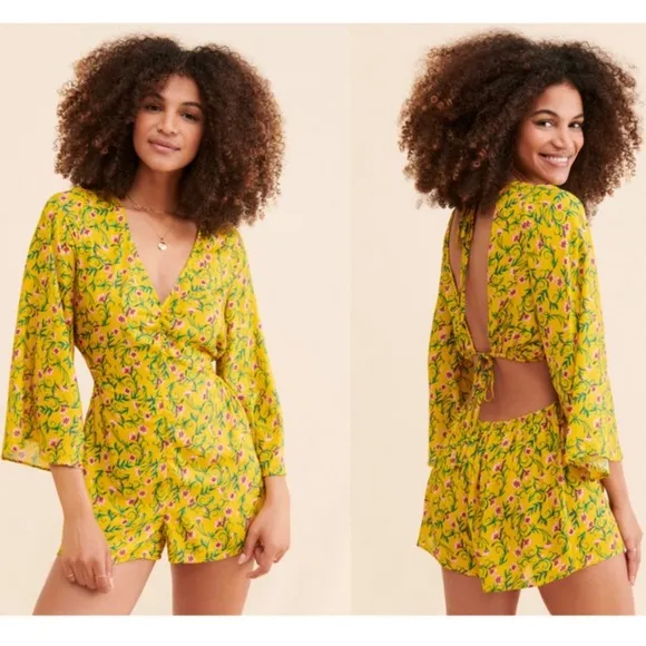 Anthropologie Magnolia Romper One Piece Long Sleeve Shorts Yellow Floral Size L - Image 3