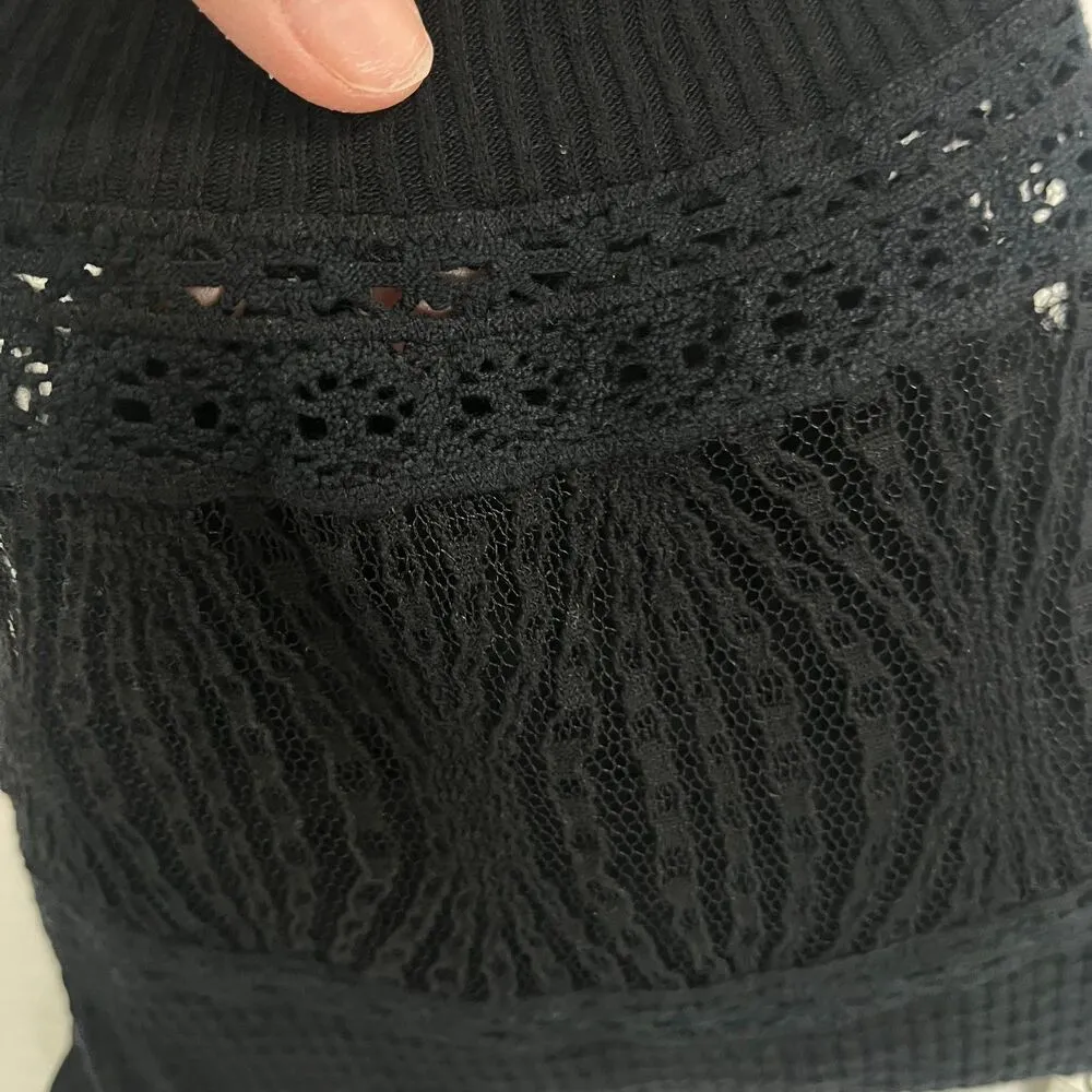 Free People Black Top Lace Long Sleeves XXS Oversized Waffle Knit Spring Valley - Image 10