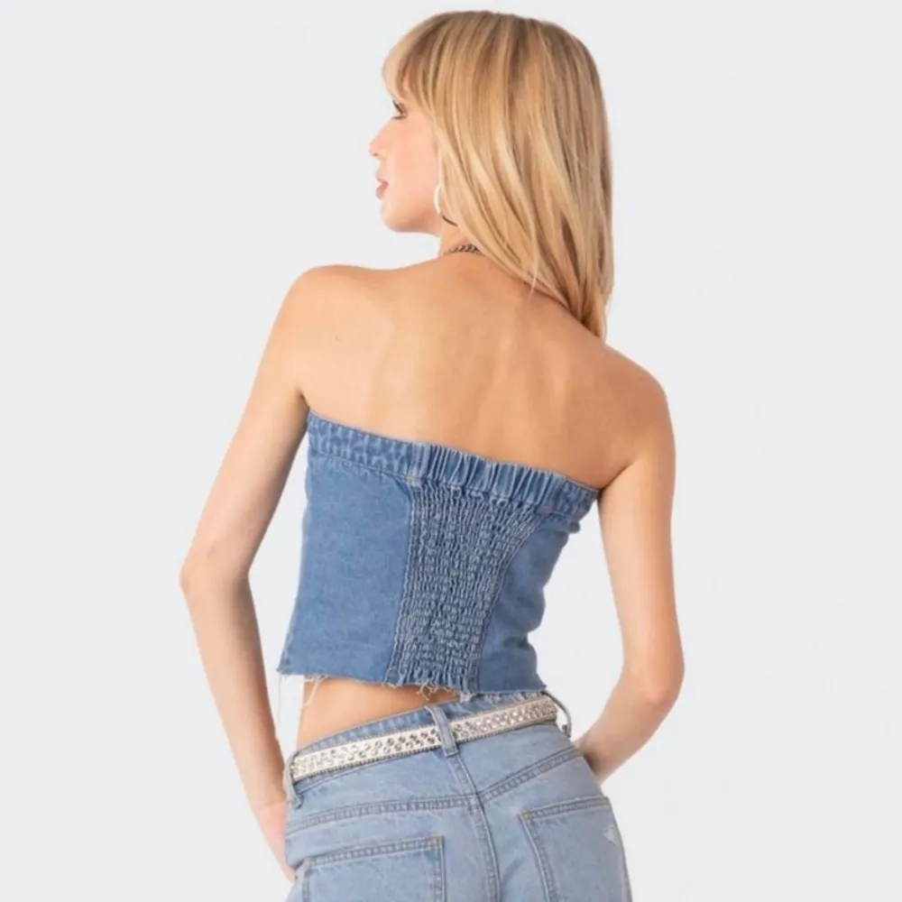 Edikted Denim Strapless Corset Bustier Top - Image 2