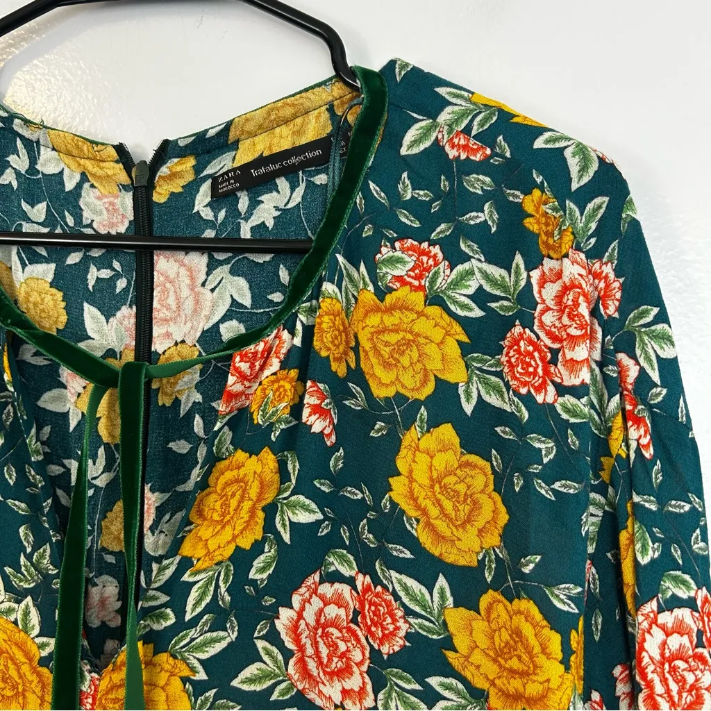 Zara Green/Yellow Floral Long Sleeve Romper w/ Green Velvet Ribbon Mini Size M - Image 6