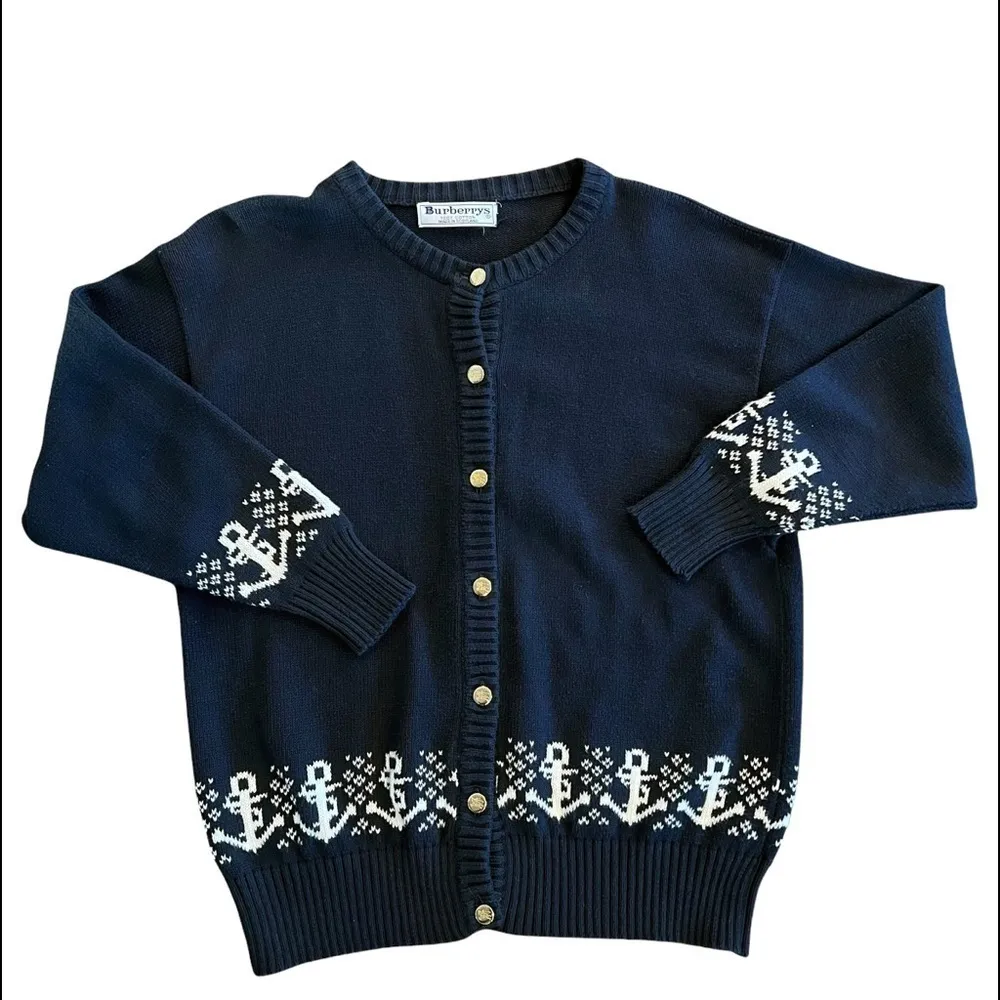 BURBERRY’S Vintage Button Down Navy Blue Anchor Cardigan - Image 5