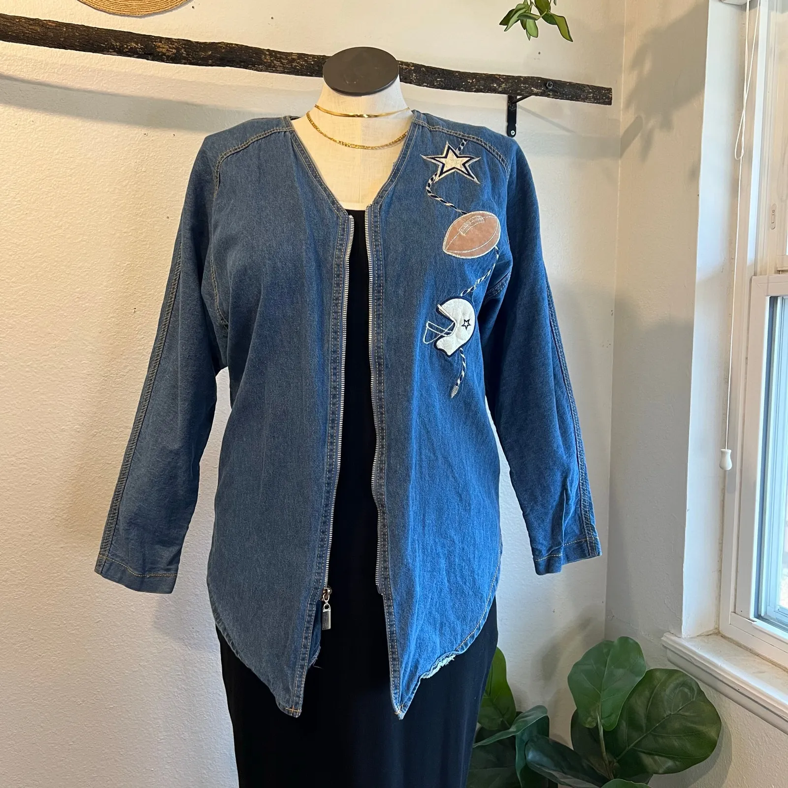 Vintage Denim Cotton Zip Up Sports Football Embroidered Jean Shirt Size Large Blue - Image 11