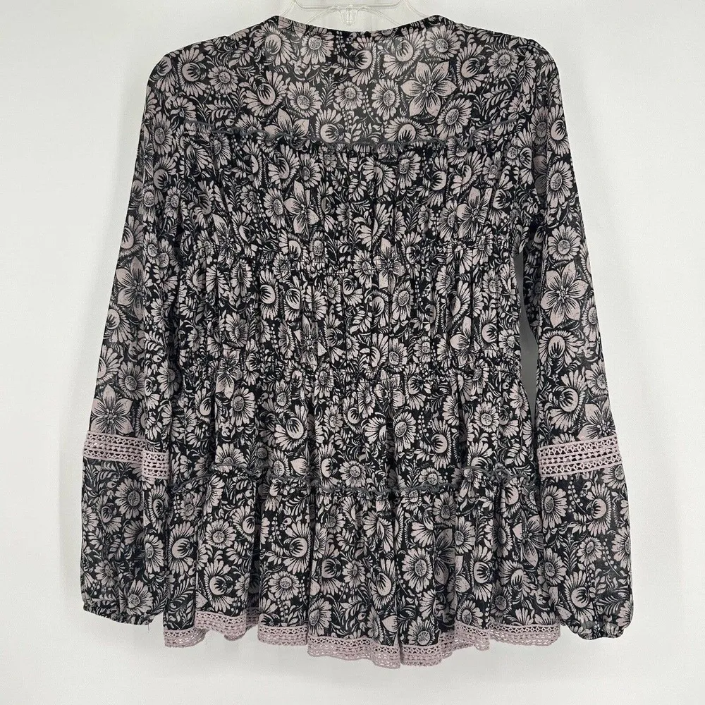 Knox Rose Boho Floral Lace Up Top Black Pink Long Balloon Sleeves Crochet XS - Image 6