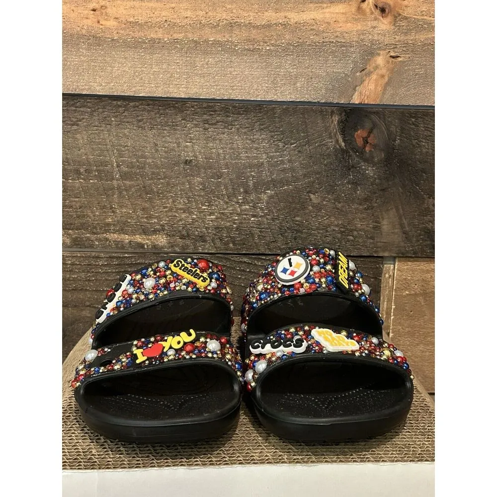 Custom Blinged Crocs Slides. Rhinestones, Charms, Vinyl STEELERS‎ Size M8 W10 - Image 5