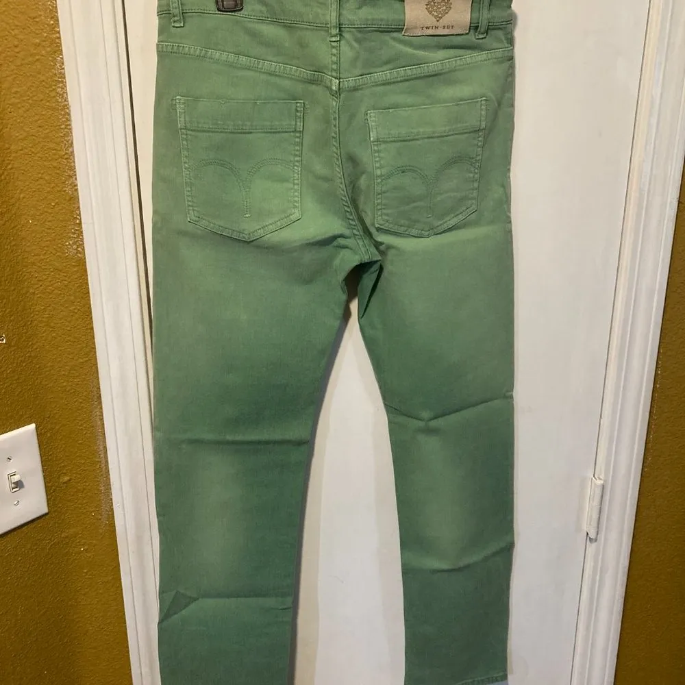 Twin Set women's size 27 emerald green canvas stretch "boyfriend" jeans 27x30 - Image 4