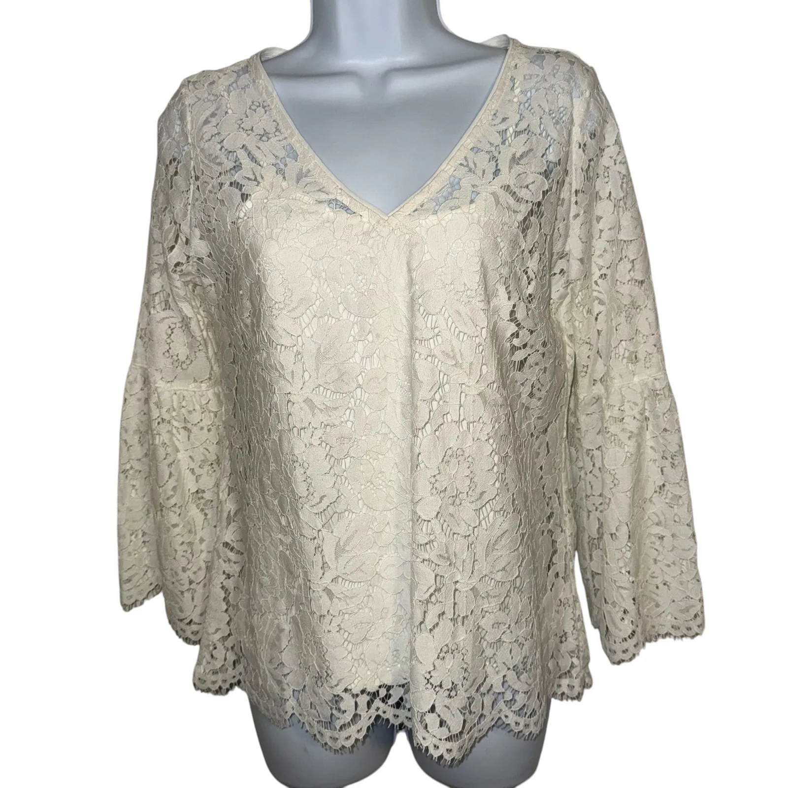 WHITE HOUSE BLACK MARKET White Lace Bell Sleeve V Neck Top With Cami Tank EUC XS - Image 2