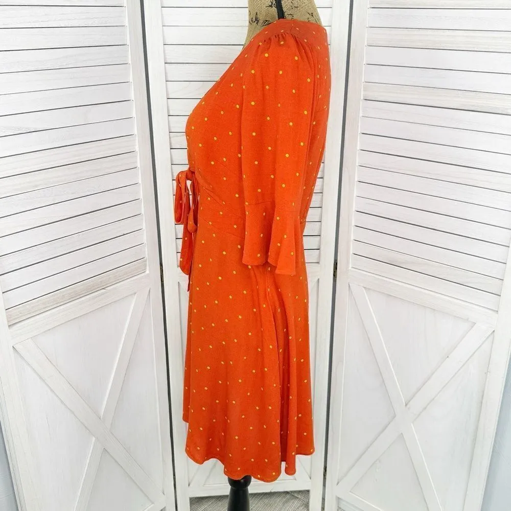 Free People All Yours Polkadot‎ Flounce Sleeve Mini Dress Orange V Neck 4 - Image 3