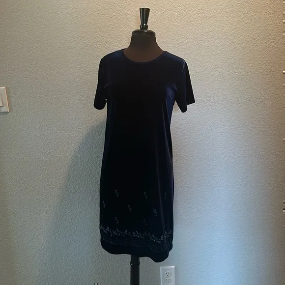 SWAT Velvet Blue Shift Dress with Blue Floral Beaded Embroidery Vintage 90s Size 18 - Image 3