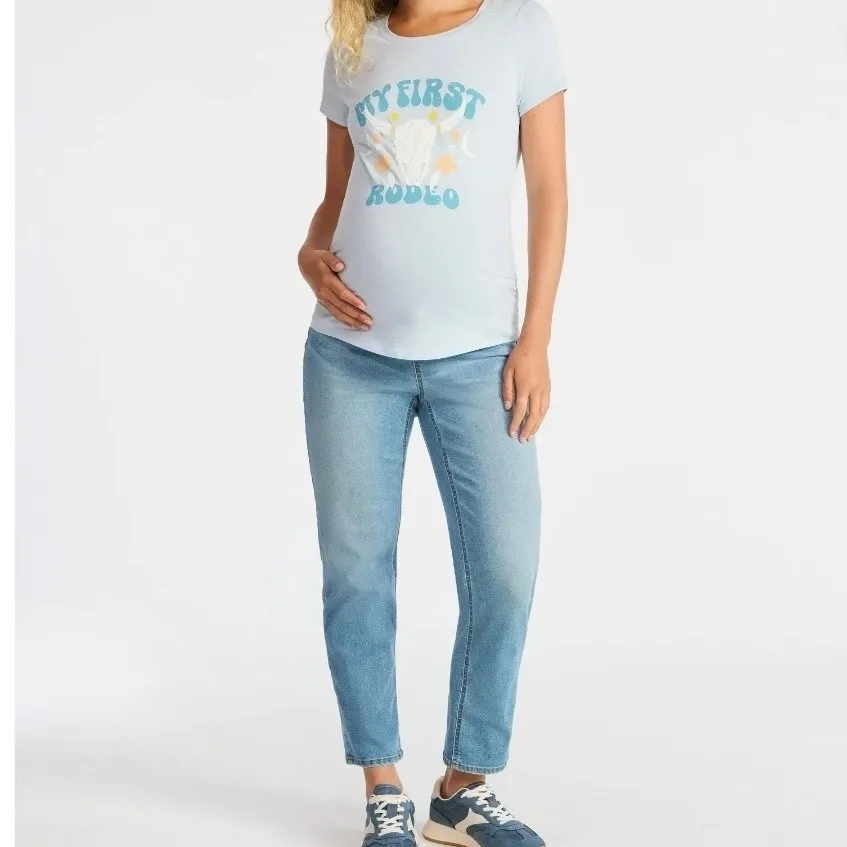 Maternity T Shirt My First Rodeo Bull Skull Graphic Blue Short Sleeve Top M Size undefined - Image 5