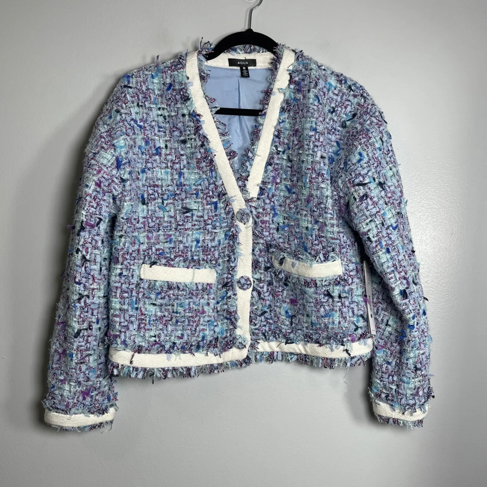 AQUA Ribbon Tweed V Neck Jacket Small Blue NEW Career Colorful Party Boho Spring - Image 2