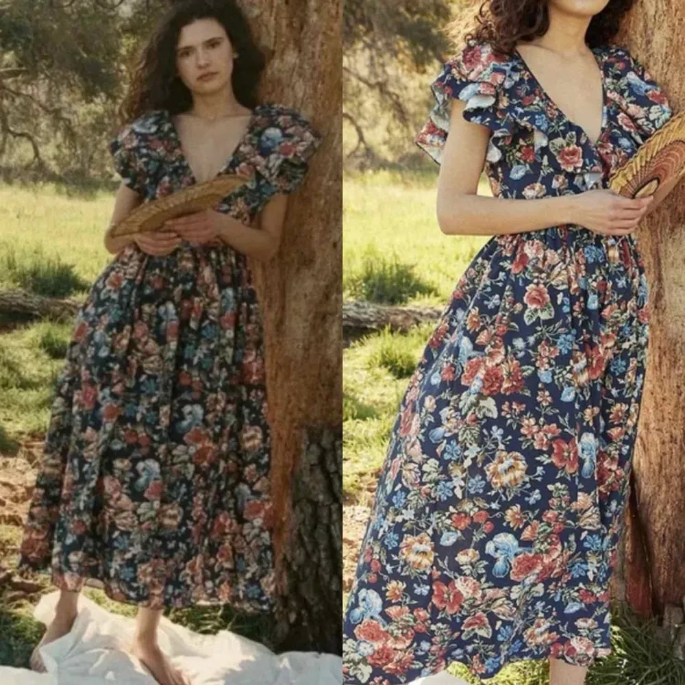 Doen Pecos Liberty Fabric Midi Dress Size XS Indigo Iris Floral - Image 13