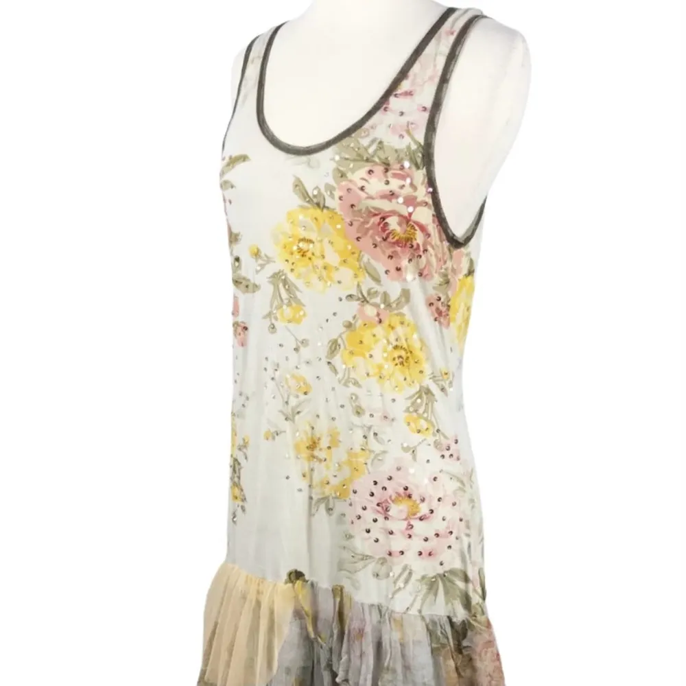 ALBERTO MAKALI Jersey Dress Floral Sequins Tulle Ruffles Hem Sleeveless Small - Image 4