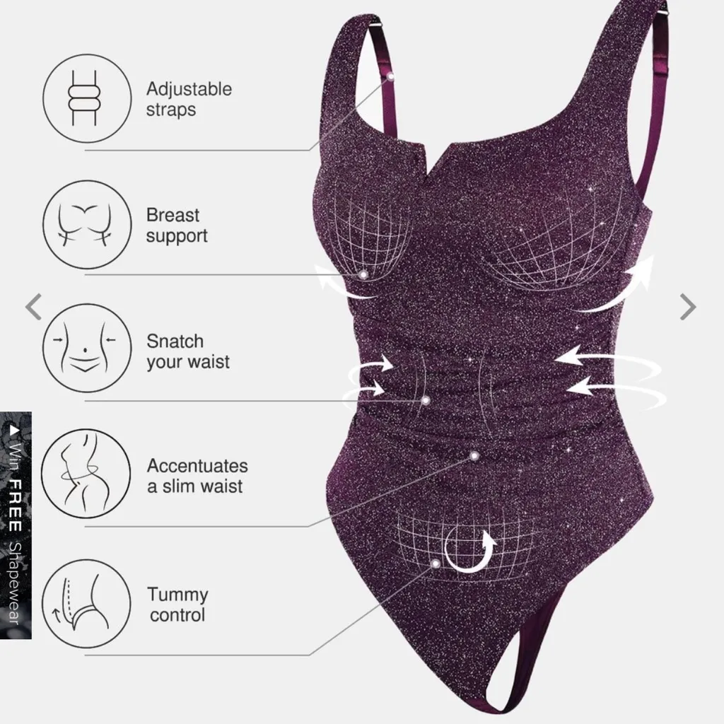 Popilush Shapewear Ruched Metallic Knit Square Neck Bodysuit Purple Size M - Image 4