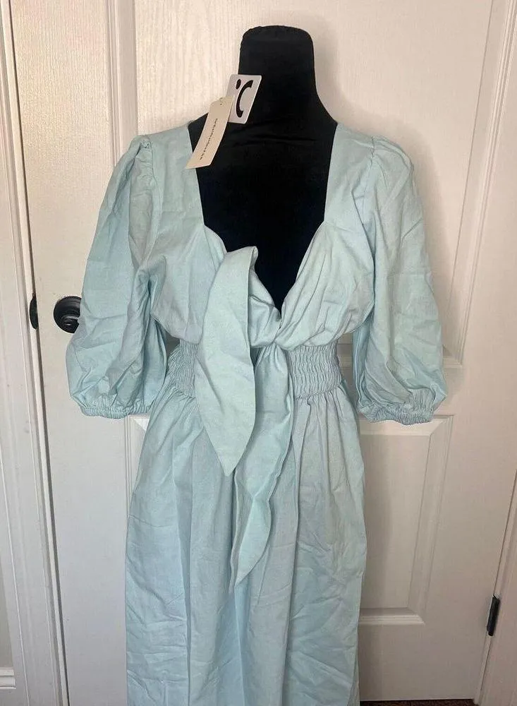 Commense Cotton Linen Twist‎ Tunic Midi Dress Light Blue Short Puffed Sleeve NWT Size M - Image 5