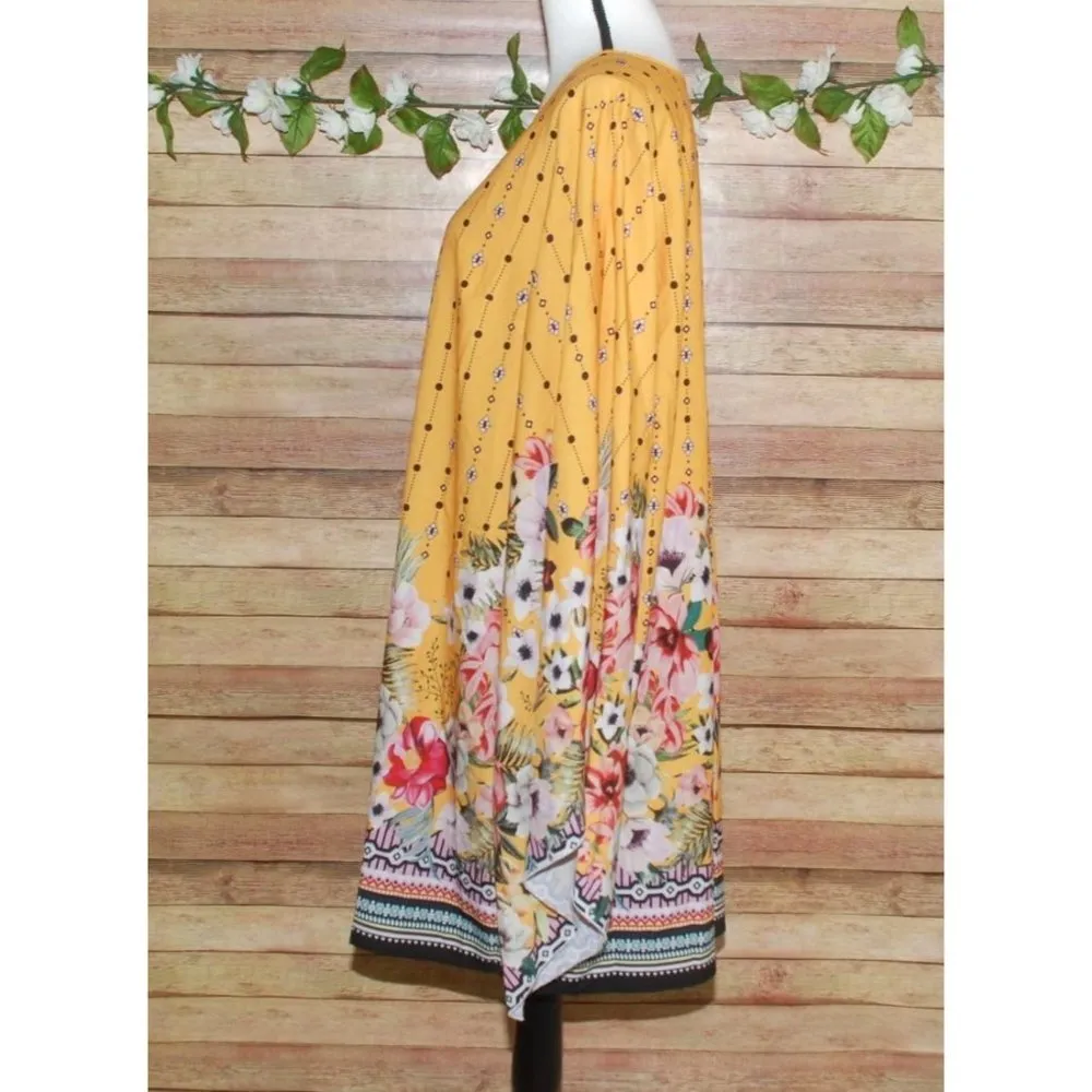 Shein Curve 2XL Yellow Shift Dress Long Kimono Sleeve Floral Knee Length Casual - Image 7