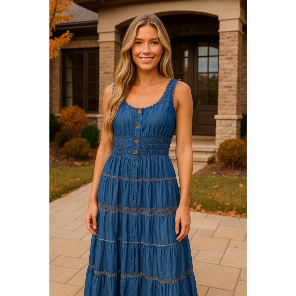 Lapis Smocked Denim Maxi Dress Blue Tiered Boho Button Western Cottagecore Indie Size L - Image 2