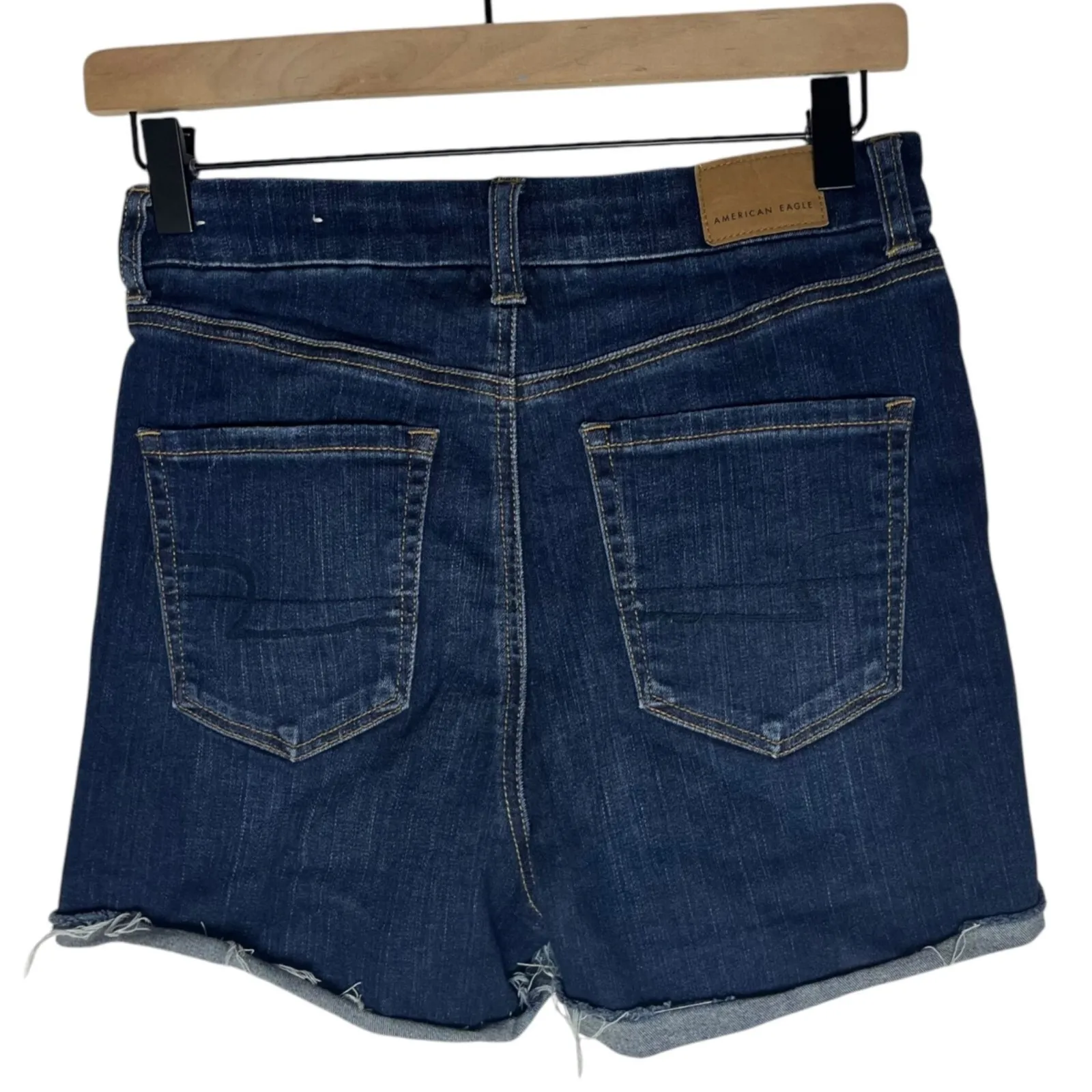 American Eagle Curvy Hi-Rise Shortie Denim Shorts Dark Wash Distressed Rips Sz 4 - Image 5