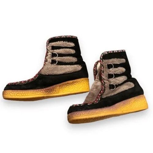 70s Vintage Yodelers Womens sz 6 Chunky Leather Fur Lined Lace Up Platform Boots Black - Image 8