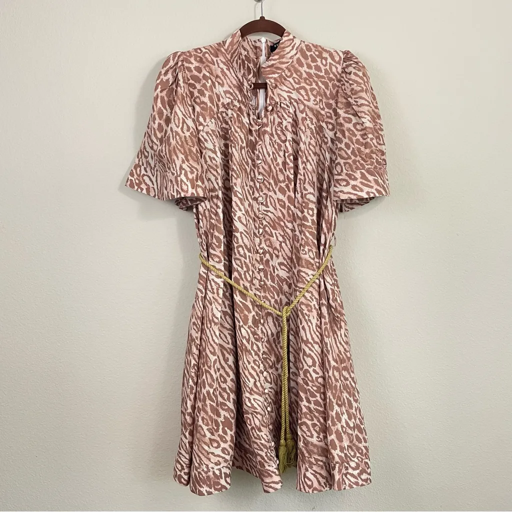 BEULAH Style Leopard Print Flutter‎ Sleeves Belted Mini Dress Size Medium - Image 3