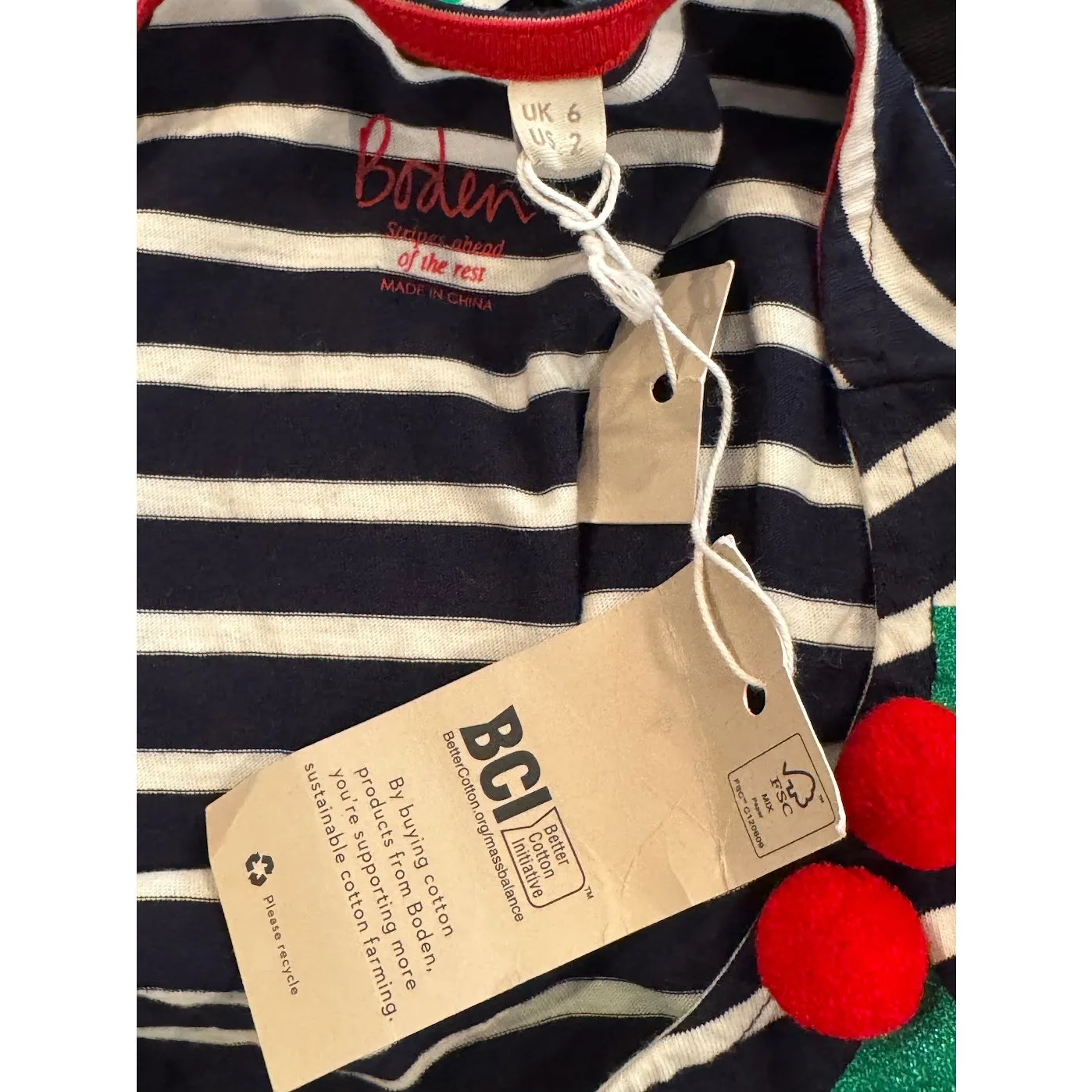 BODEN Christmas Breton Shirt In Glitter Pom Holly Size US/2 Blue - Image 8