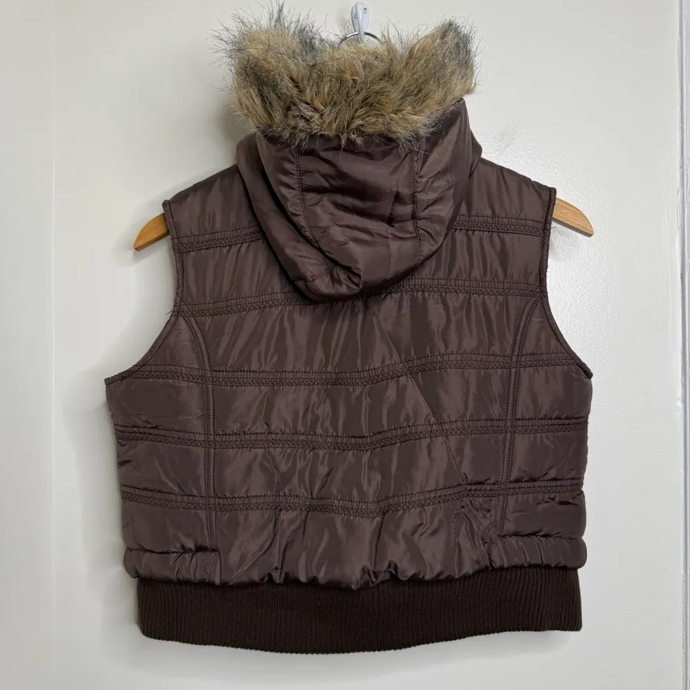 Y2K Mossimo Brown Jacket Vest Juniors Size Large Faux Fur Hood detachable - Image 2