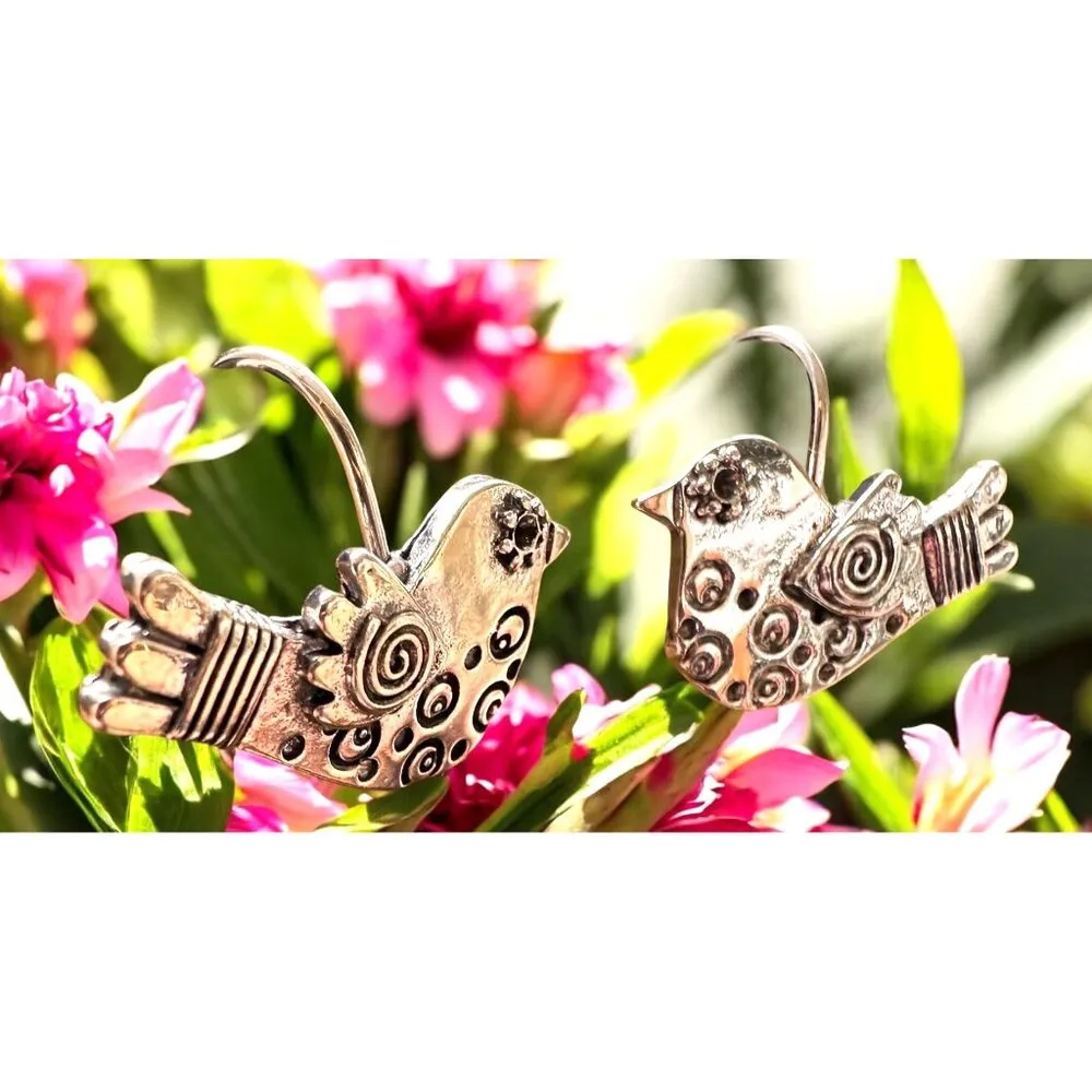 Folk Art Dove Earrings Silver Color Bird New Hammered Helping Hand Heart… - Image 8