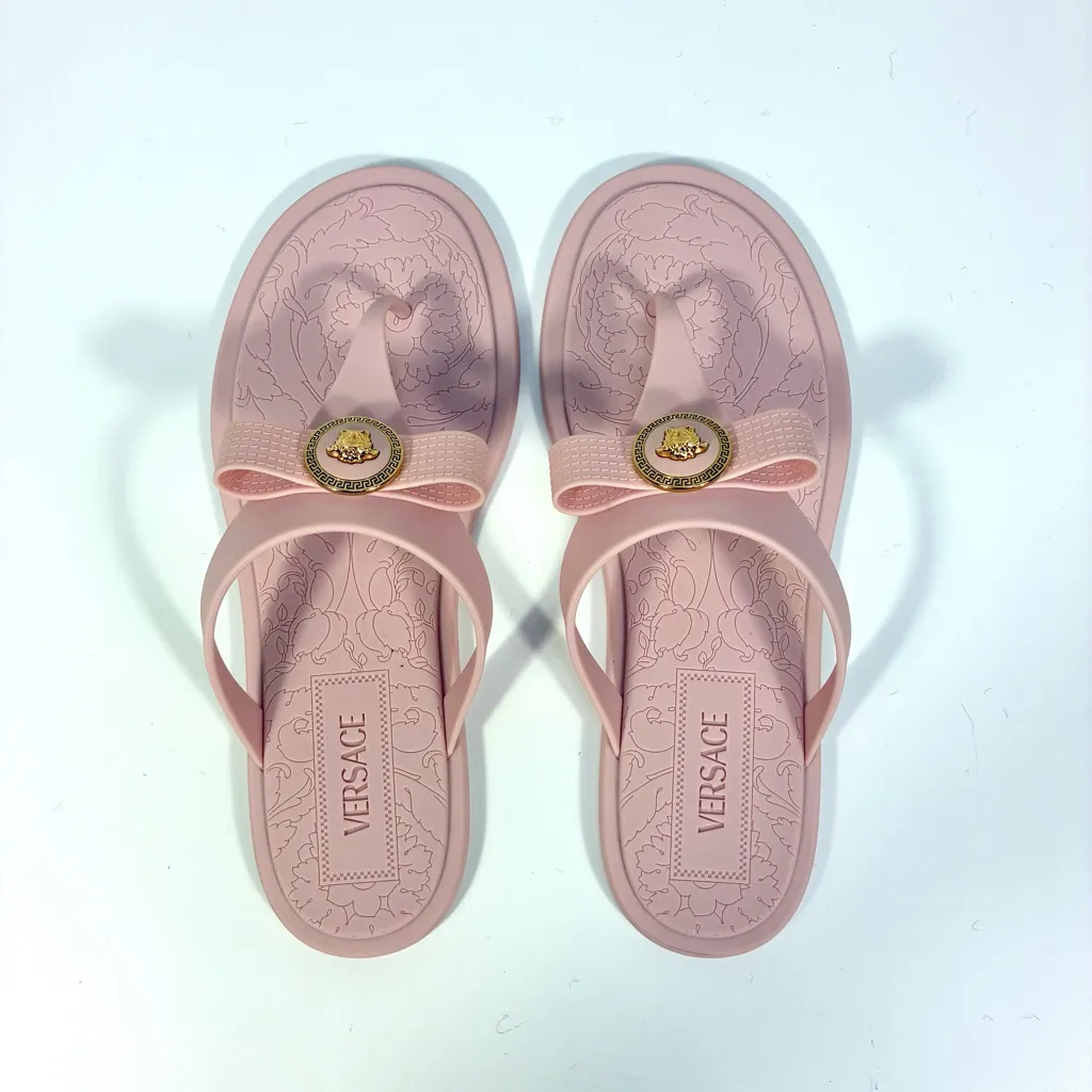 Versace Gianni Slides Gomma Ribbon Medusa Sandals Pink Gold 40 NEW Greek Key - Image 9