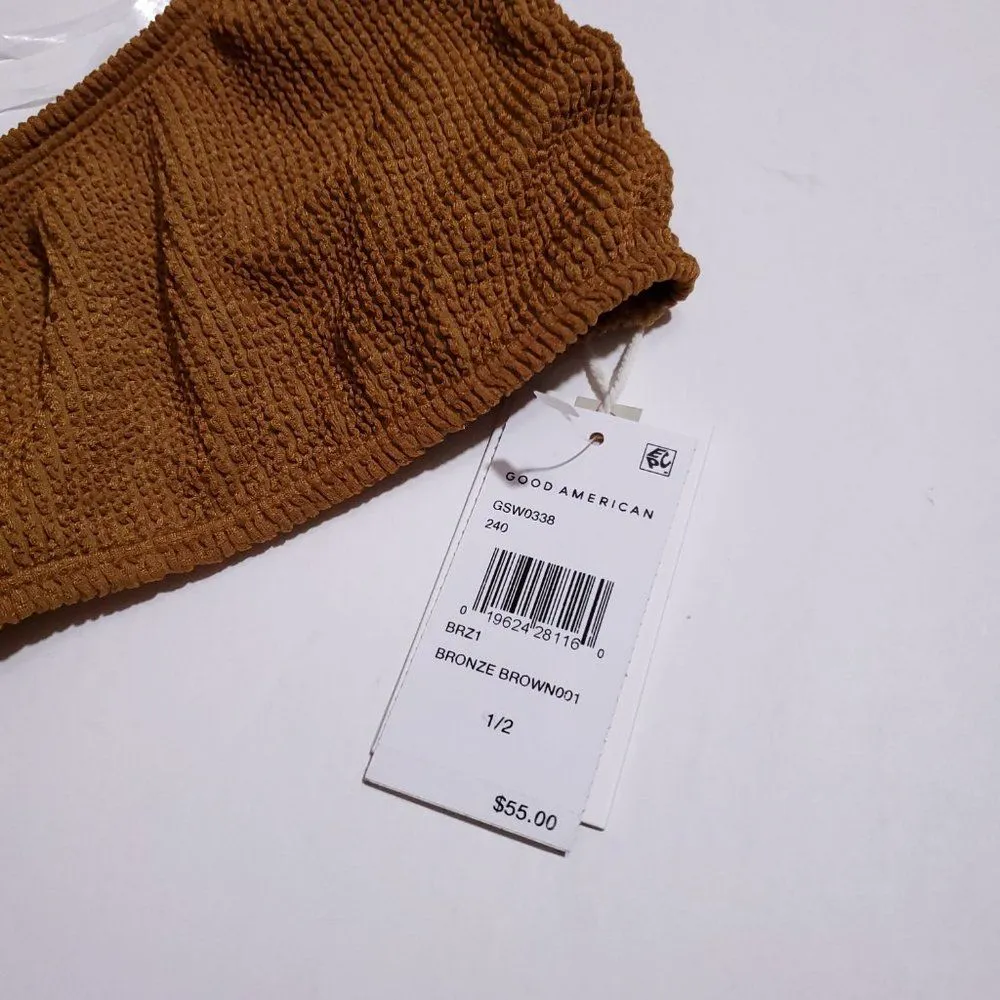 Good American Crinkle One Shoulder Bikini Swim Top Always Fits Brown Size 1/2 - Image 6