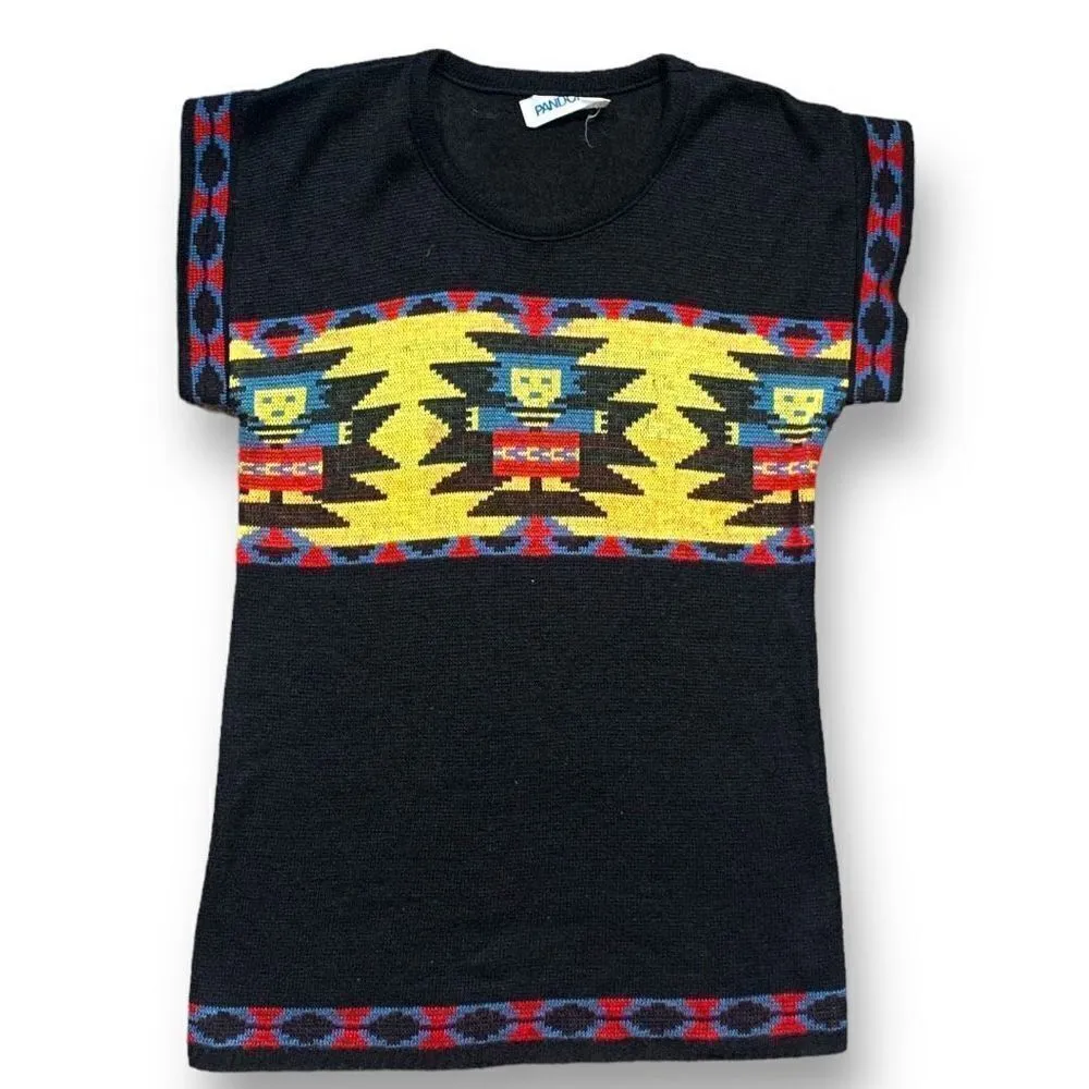 Vintage Pandora Knit Sweater Tee Black Yellow Southwest Aztec Native Printed - Image 10