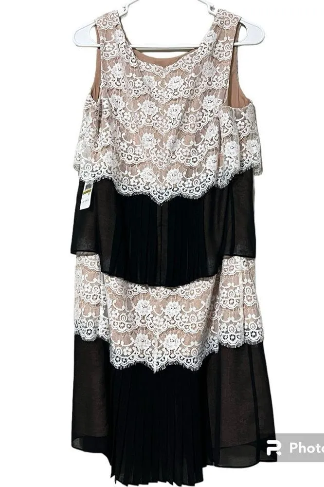 Jessica Simpson size 14 layered lace tiered dress black cream sleeveless formal - Image 13