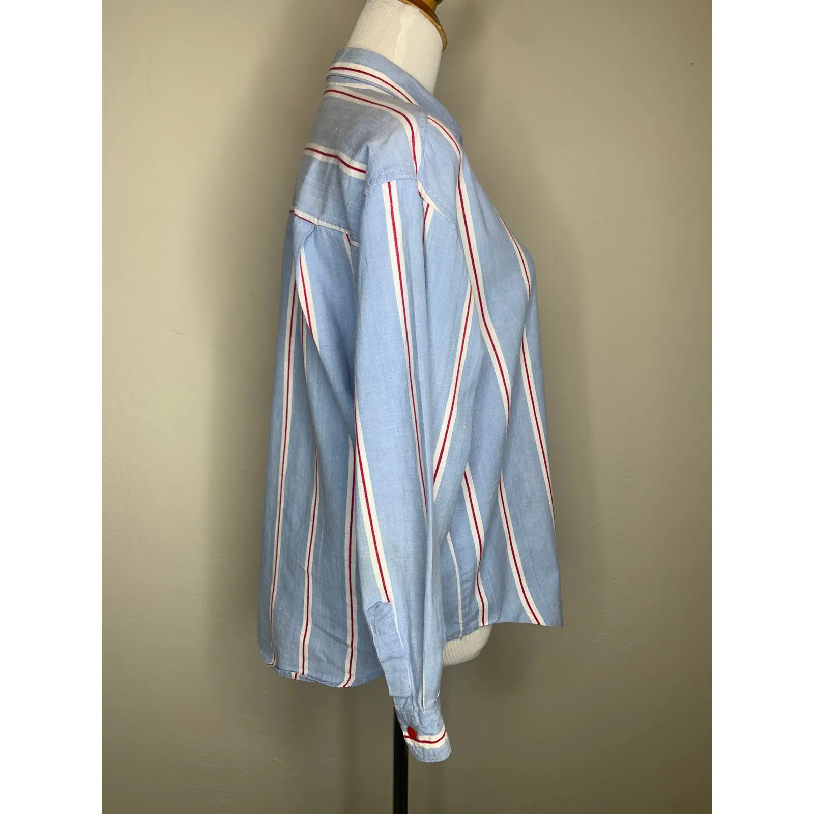 Vintage Chambray Shirt Blue Red White Stripe Sz Medium - Image 4